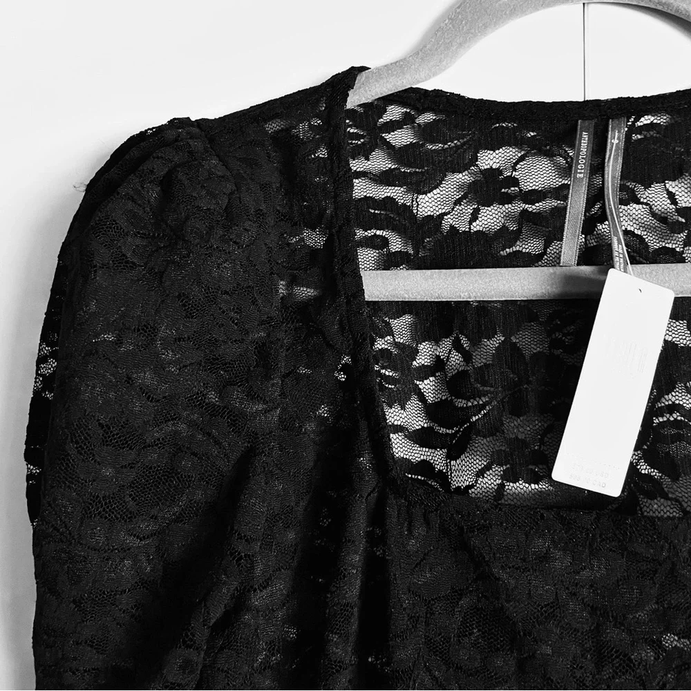 Anthropologie Puff-Sleeve Sheer Lace Top Blouse in Black Onyx Size S NWT